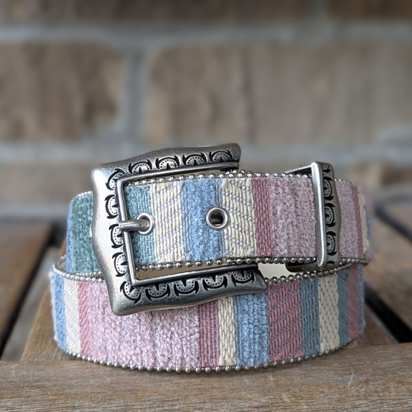 VTG 80s Elite Pastel Striped Velvet Western Belt Size Small - Picture 1 of 5